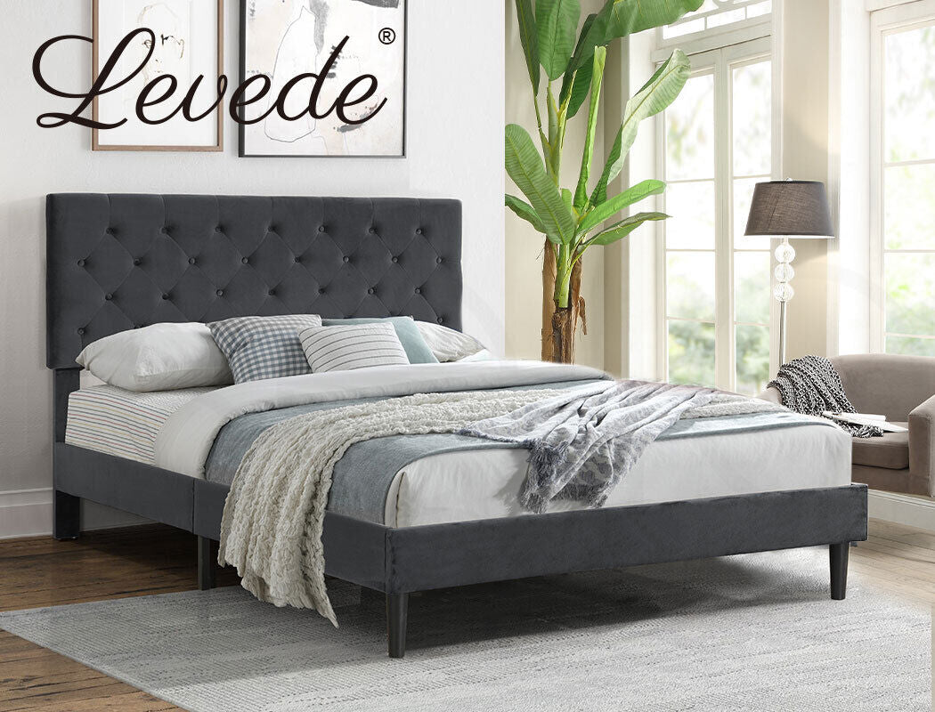 Levede Queen Bed Frame Velvet Mattress Base Platform Adjustable Headboard Grey