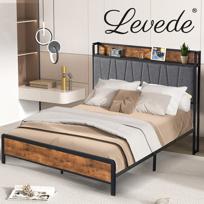 Levede Queen Bed Frame Industrial Tufted Soft Storage Headboard USB Charge