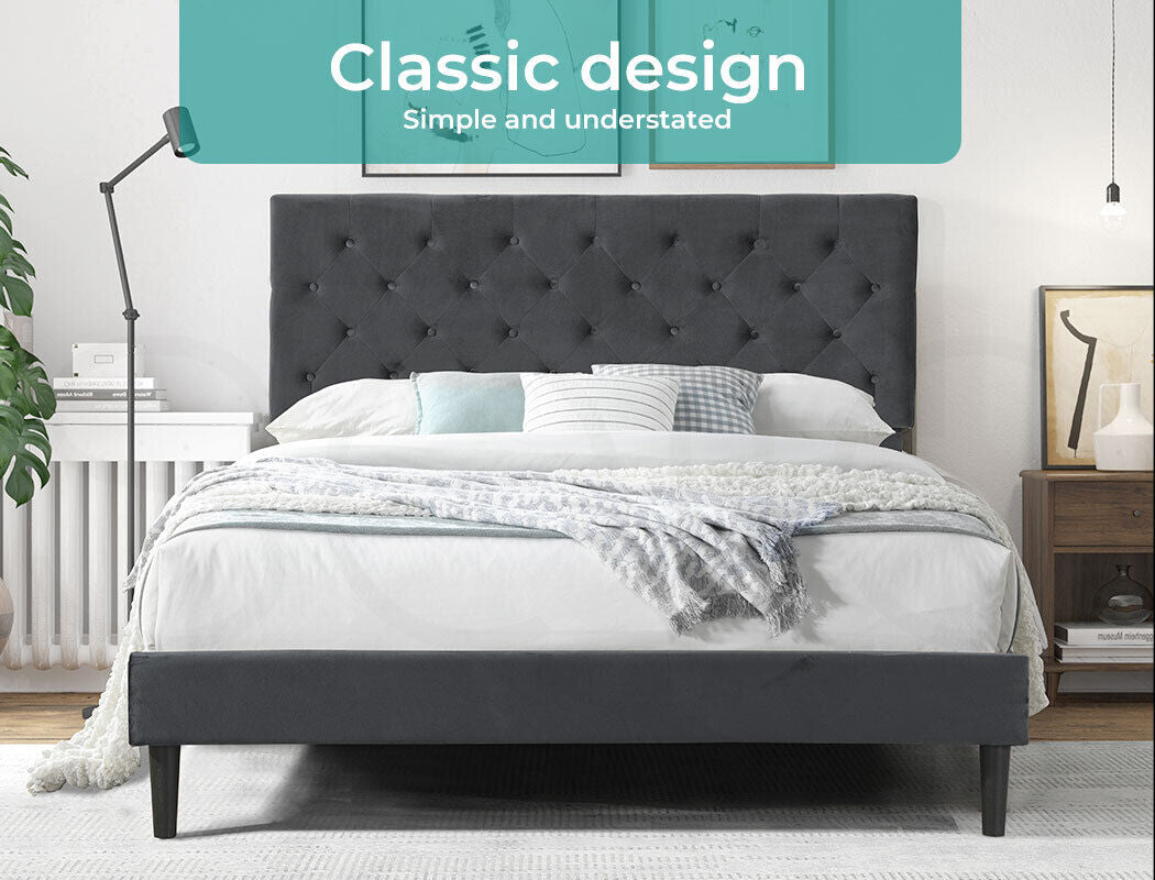 Levede Queen Bed Frame Velvet Mattress Base Platform Adjustable Headboard Grey