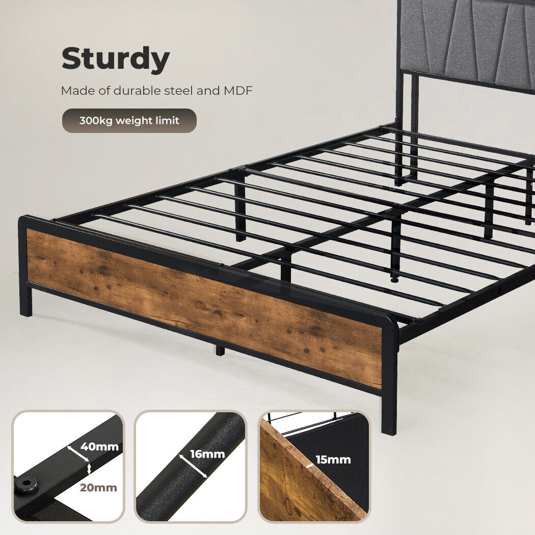 Levede Queen Bed Frame Industrial Tufted Soft Storage Headboard USB Charge