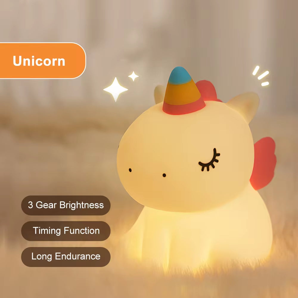 Unicorn Cute Silicone LED Night Light for Kids Children USB Rechargeable Cartoon Animal Bedroom Decor Touch Night Lamp for Gifts