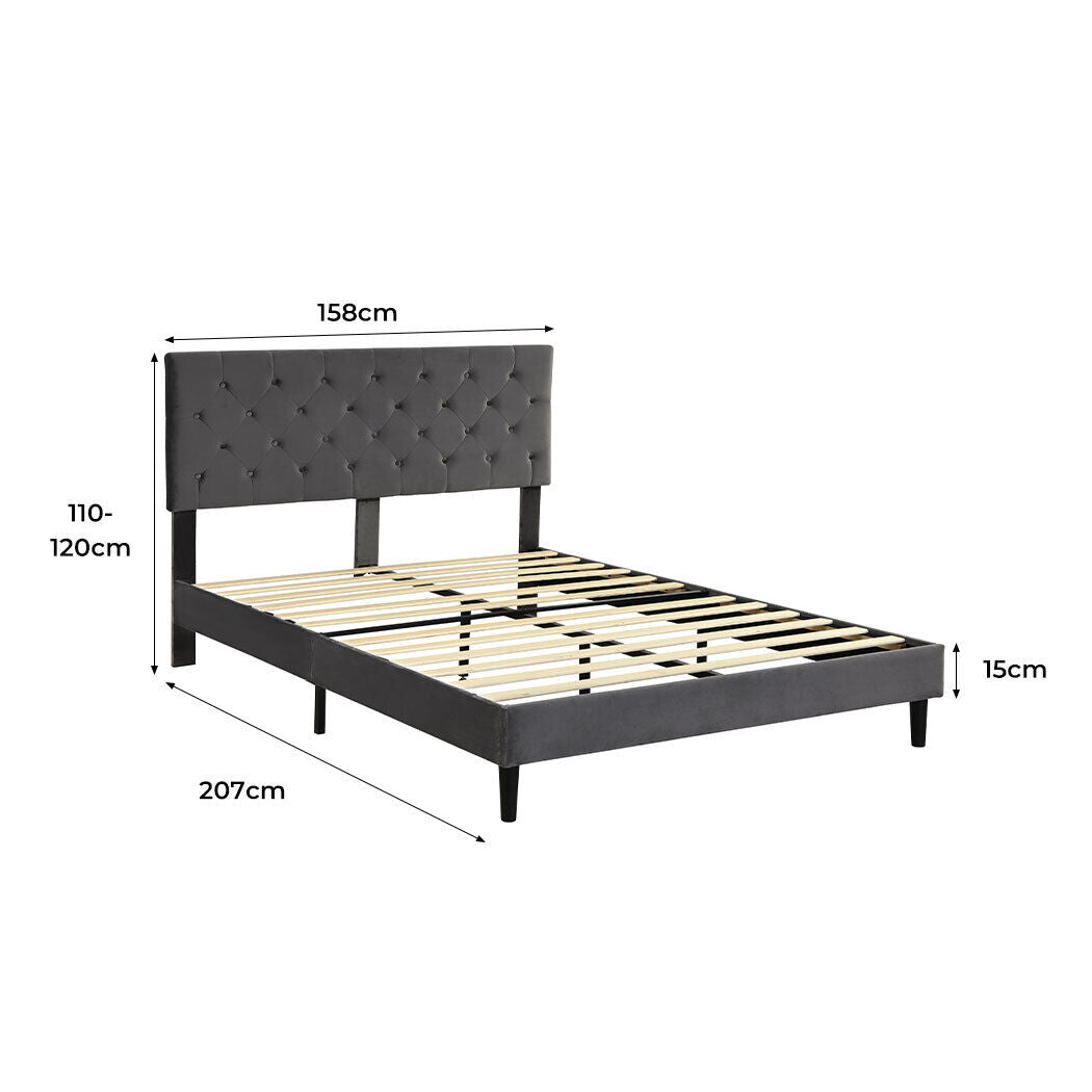 Levede Queen Bed Frame Velvet Mattress Base Platform Adjustable Headboard Grey