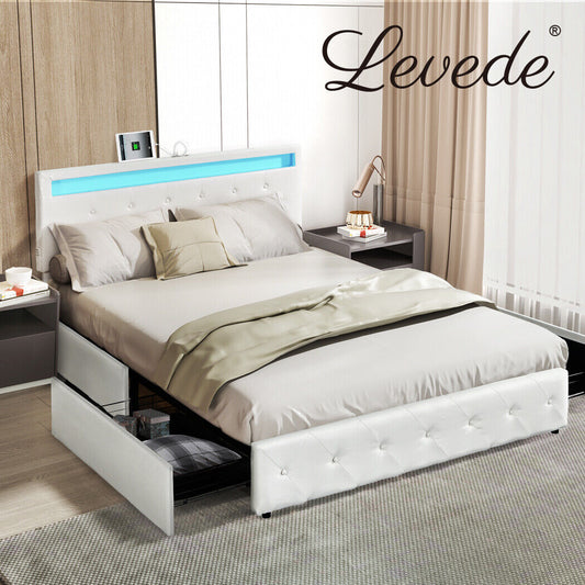 Levede Queen Bed Frame RGB LED PU Leather Mattress Base 4 Drawer USB Charge