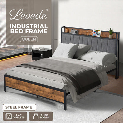 Levede Queen Bed Frame Industrial Tufted Soft Storage Headboard USB Charge